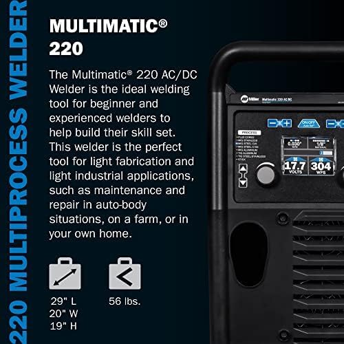Miller 907757 Multimatic 220 AC/DC Multiprocess Welder - Versatile Multi-Process MIG, Flux-Cored & TIG Welder Machine - Portable Welding Machine with MIG Gun, TIG Torch & Multi-Voltage Plug 120V&240V