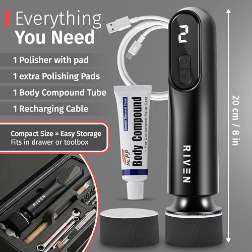 RIVEN Cordless Car Polisher Buffer Kit, Adjustable 3 Speeds - 2Pcs 12V Rechargeable Battery, 3inch Orbital and Rotary Fast Polisher for Car Detailing, Waxing, Paint Correction Car & RV Polisher