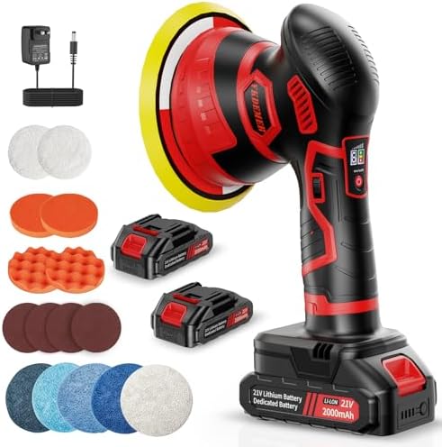 Cordless Car Buffer Polisher, 6-Speed Orbital (5500RPM) DA Polisher with 2x 21V 2000mAh Batteries, 6 Inch Lightweight Power Buffer for Car Detailing, Waxing, Polishing & Scratch Removal