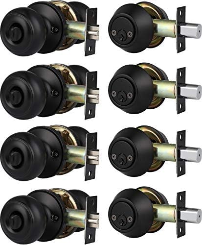 4 Pack Keyed Alike Entry Door Knobs and Double Cylinder Deadbolt Lock Combo Set, Matte Black Finished Door Lock Set, Round Style Door Knobs Deadbolt
