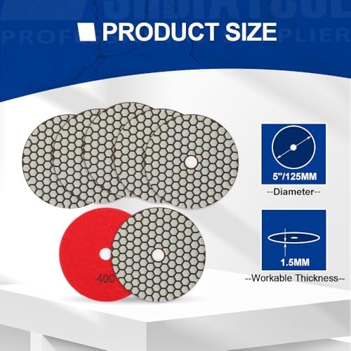 SHDIATOOL 5-Inch Dry Diamond Polishing Pads Grit 400 for Granite Marble Quartz(7-Pack)