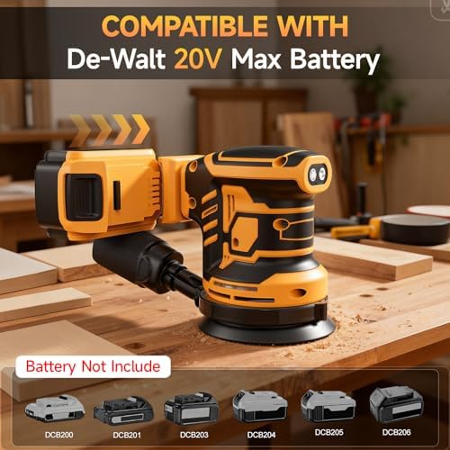Cordless Sander Compatible with DeWalt 20v Battery, Random Orbit Sanders Brushless Motor 5 Inch with 6 Variable Speed 9700-19000RPM, 20PCS Sanding Discs & Dust Collector for Sanding (No Battery)