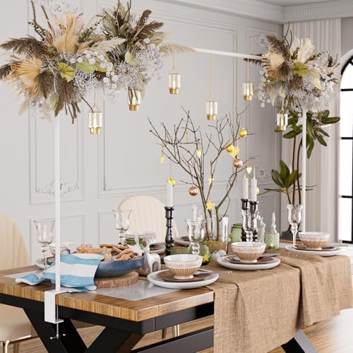 XLHOMO Over The Table Rod Stand with Clamps, Adjustable 32''-79'' Tall 32"-131" Length, White Table Arch Stand Metal Balloon Frame Hanging Rod for Weddings Birthdays Party Garden Arbors Decoration