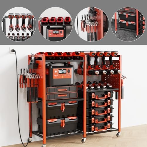Heavy-Duty Power Tools Organizer Cart with Charging Power Strip, 6-Tier Rolling Utility Cart with 8 Hooks and 6 Load-Bearing Wheels, Garage Tool Storage Rack for Workshop for Men