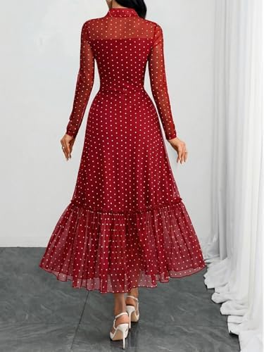 GothDark Polka dot Dress for Women Tie Neck Bow Ruffle Fall Vintage Dress
