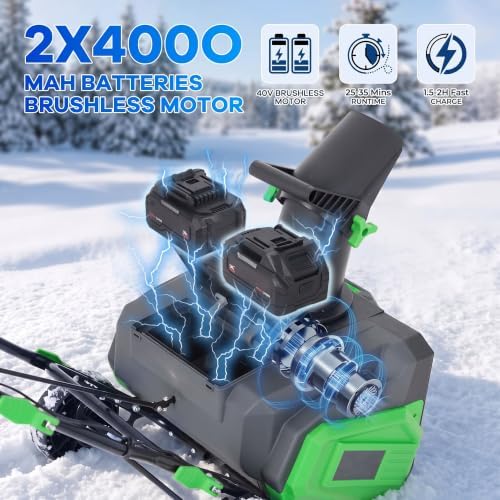 Garvee 40V 20" Cordless Snow Blower, Electric Snow Thrower Machine,Green
