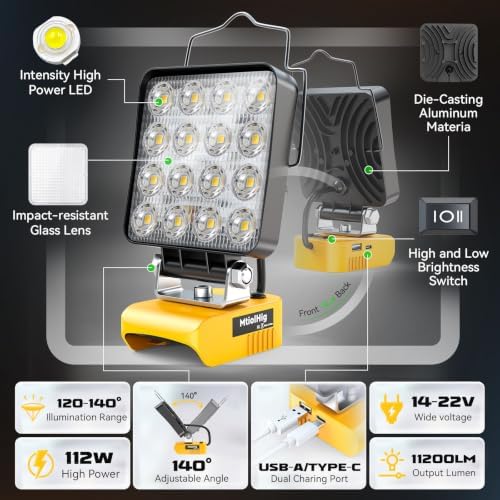 MtiolHig 2Pcs Cordless LED Work Light Compatible with Dewalt 20V Battery, 112W 11200 Lumens Underhood Work Light Tool Gifts for Men, with USB & Type-C Charging Port Emergency for Workshop, Garage