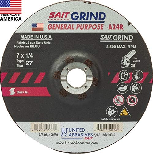 United Abrasives-SAIT 20080 A24R General Purpose/Long Life Grinding Wheel (Type 27/Depressed Center) 7" x 1/4" x 7/8",25-Pack