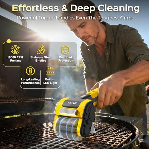 Electric Grill Brush, Grill Cleaner with LED Light, with 800 RPM Motor, Heavy Duty Grill Cleaning Tool, Personalized Grill Gift s for Dad (Yellow)