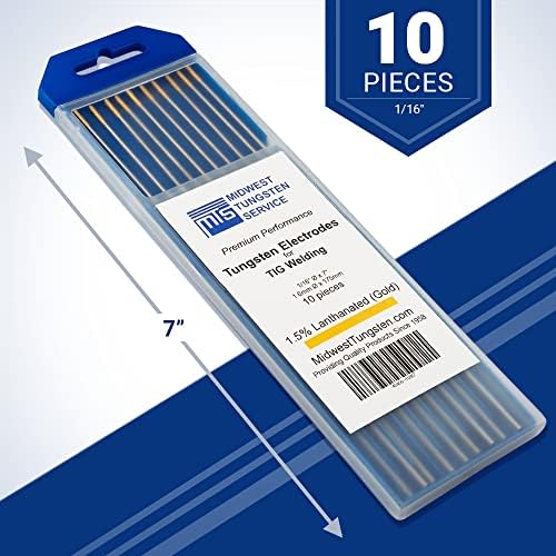 Midwest Tungsten Service TIG Welding Tungsten Electrodes 10-Pack (Gold - 1.5% Lanthanated Tungsten (WL15/EWLa-1.5), 1/16")