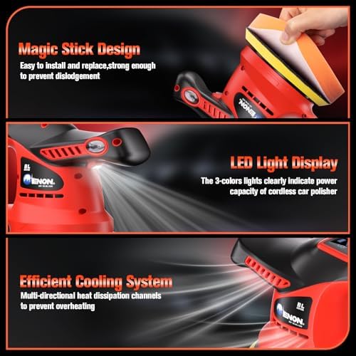 ENON Cordless Car Buffer Polisher Kit（2X 2000mAh 12V Batteries&34 PCS Attachments）- Brushless Dual Action Random Orbital Polishing with 6-Speed 6000RPM for Auto Detailing, Waxing & Paint Correction