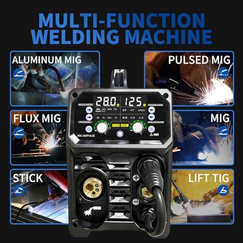 Aluminum MIG Welder with Pulse 200A 5 in 1 110V/220V Dual Voltage with 2T/4T Synergic Multifunctional Welding Machine Pulsed MIG/Gas MIG/Flux Core//Stick/Lift TIG Large LED Display Wire Feed Welder