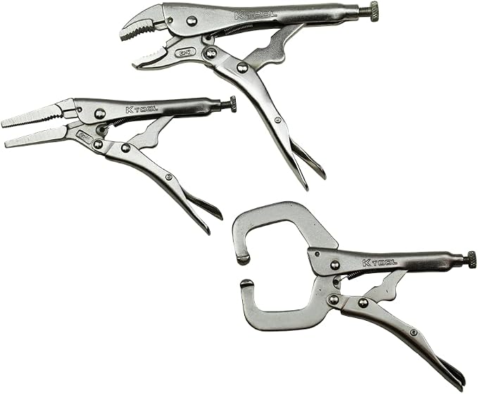 K Tool International 58730 Automotive Vice Grip Locking Straight, Curved Jaw, Needle Nose Plier Set for Garages, Repair Shops, and DIY, Heat Treated Nickel Plated Steel, Organizing Tray, 10 Piece