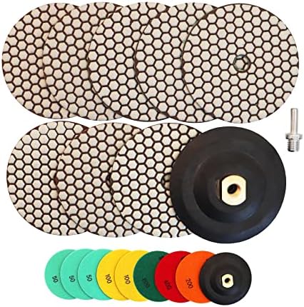 Dry Diamond Polishing Pads - 8pcs 5 inch (#50x3,#100x2,#200x1,#400x1,#800x1) Sanding Pads Kit for Granite Marble Ceramic Used on Angle Grinder or Polisher, with Rubber Backing Pads+ Adapter 5/8”-11