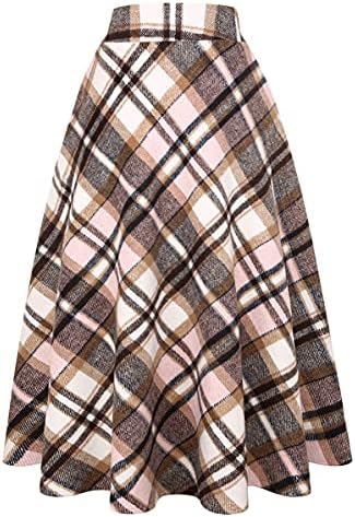 IDEALSANXUN Womens Plaid Wool Skirts Elastic Waist A-Line Pleated Tartan Long Skirts