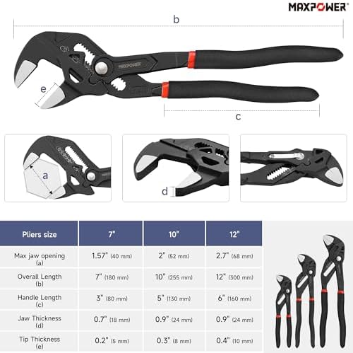 MAXPOWER 3-Pc Pliers Wrench Set, 7" 10" 12", Smooth Jaw, Push-Button Adjust
