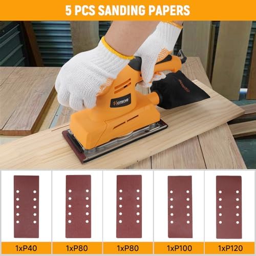 Hoteche 3.17 Amp Orbital Sander, 4.5 x 9 Inch Pad – Variable Speed, 7000–12000 RPM, Dust Bag, 5 Sandpapers & Carbon Brushes – Heavy-Duty Aluminum Base Sheet Sander for Wood, Paint & Metal