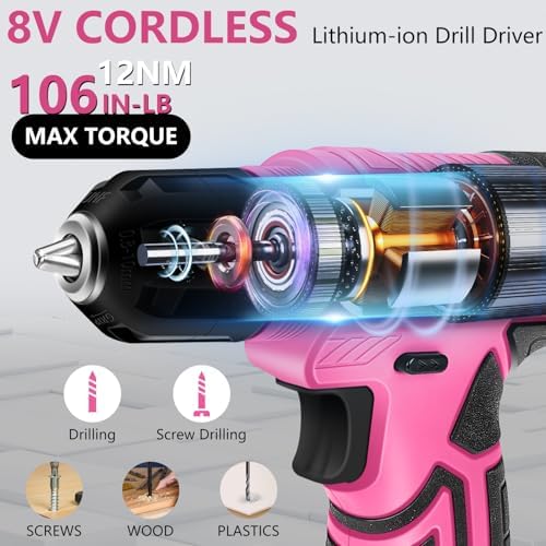 JENABOM 127-Piece Home Tool Set with 8V Pink Cordless Drill