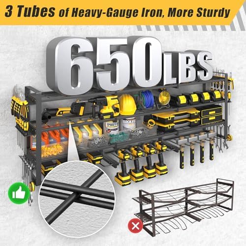 49''W Power Tool Organizer Wall Mount, 650LBS, 4 Tier, 12 Drill Holders