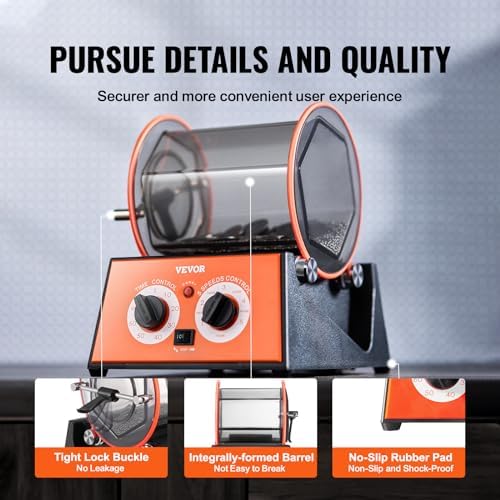 VEVOR 11lbs/5kg Capacity Mini Tumbler Machine with 0-60 Minutes Timer, 5 Speeds Jewelry Rotary Finisher for Surface Polishing Grinding Buffing Gemstones Jewels Coins, Orange+Black, KD-20001