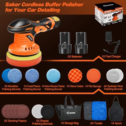 Saker 6 Inch Fast Charging Cordless Car Buffer Polisher Kit with 2 Battery Bundle Saker 10 PCS Buffing Bonnet Pads (Only Attachment)