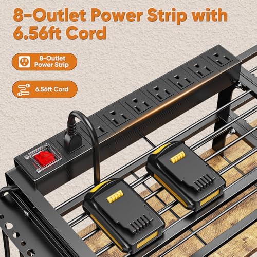 POKIPO Power Tool Organizer Wall Mount with Charging Station, 4 Tier Tool Battery Storage Rack Built in 8 Outlet Power Strip for Garage, 49" W, Black Wood