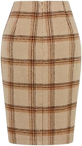 IDEALSANXUN Plaid Skirts for Women Fall Winter Knee Length Pencil Wool Skirt with Slit