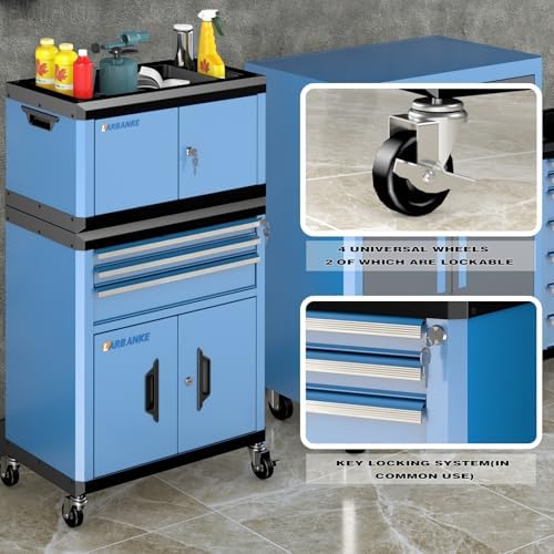 2-IN-1 Rolling Tool Chest with Locks& Multifunctional CounterTop,3 Drawer Rolling Tool Box and Tool Cabinet with Wheels,Tool Chest with Connection Rods,Can Be Used Individually or In Combination