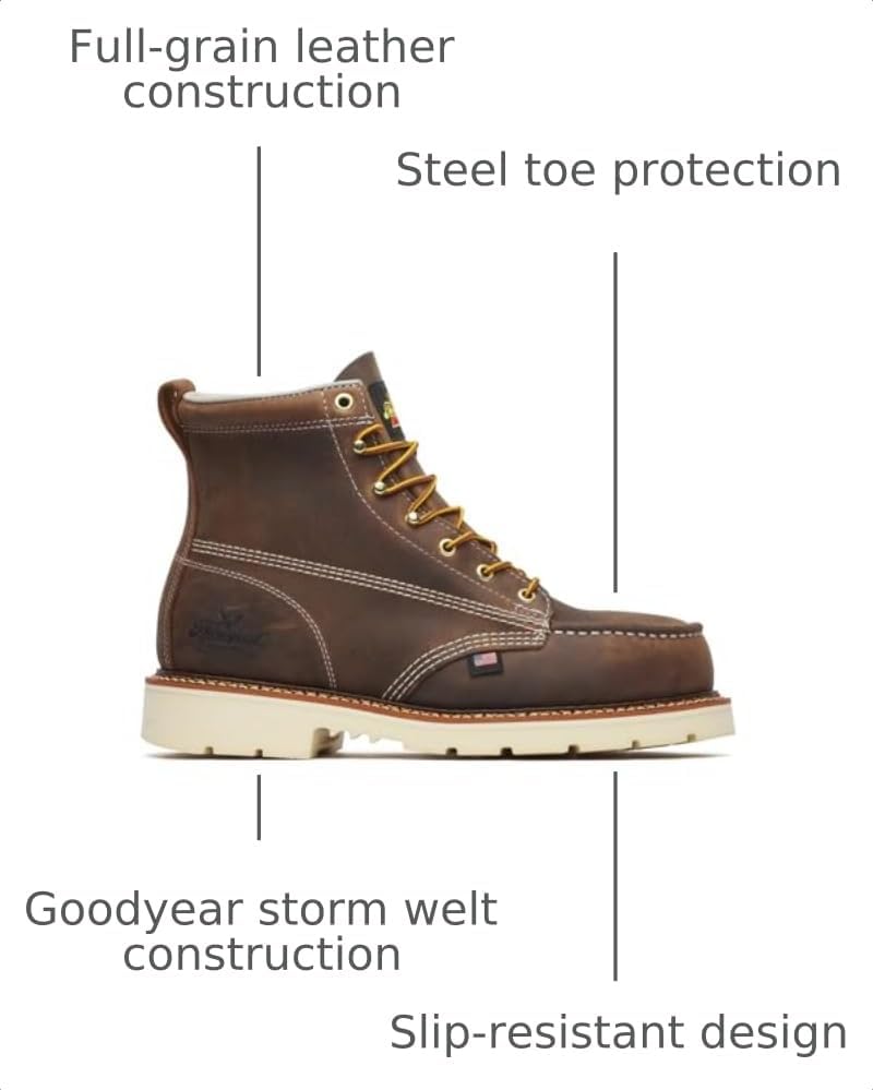 Thorogood American Heritage 6" Steel Safety Moc Toe Work Boot for Men, Durable Leather, Slip-Resistant Outsole, ASTM Rated