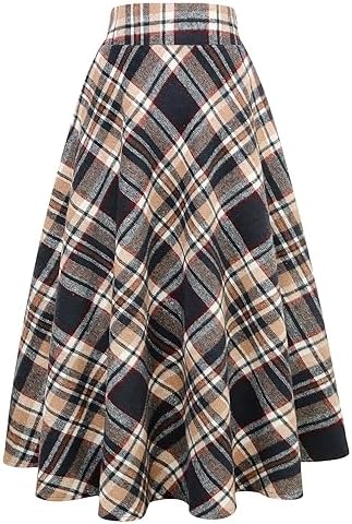IDEALSANXUN Womens Plaid Wool Skirts Elastic Waist A-Line Pleated Tartan Long Skirts