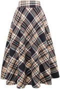 IDEALSANXUN Womens Plaid Wool Skirts Elastic Waist A-Line Pleated Tartan Long Skirts