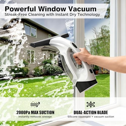 Window Vacuum Squeegee Cordless, 2000Pa Electric Window Cleaner Tool