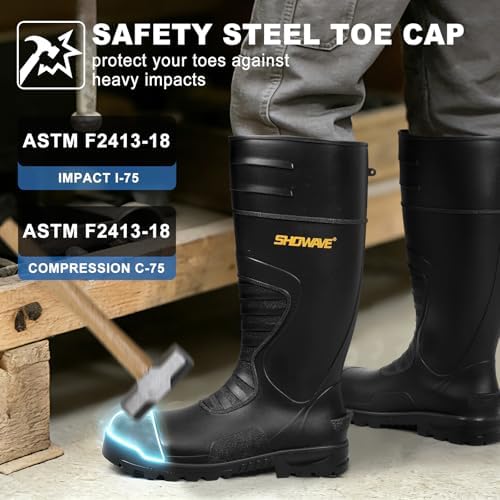 Showave Men's Rubber Boots Steel Toe Rain Boot Construction Waterproof Boot