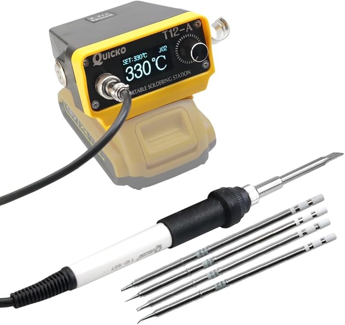 Cordless Soldering Iron Station,QUICKO T12 Soldering Station Fit for Dewalt Battery 18/20V,Sleep Immediately,Injection Mold,°C/ºF Conversion,OLED (Battery Not Included) With 5pcs Solder Iron Tips