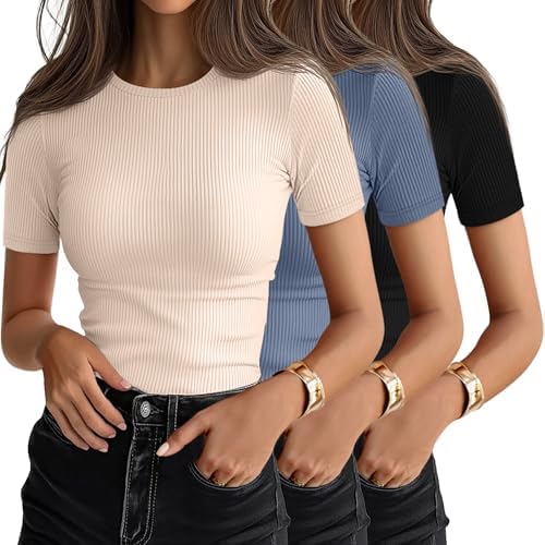 Ficerd 3 Pack Women's Ribbed Short Sleeve T-Shirts