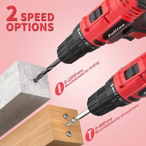 PULITUO 20V Cordless Drill Set, 2 Batteries Electric Screwdriver, 30Nm Power Drill Driver, 21+1 Torque, 2 Speed, 3/8"Keyless Chuck, power Drill with LED Light, Drill Driver Kit for Home (Red)