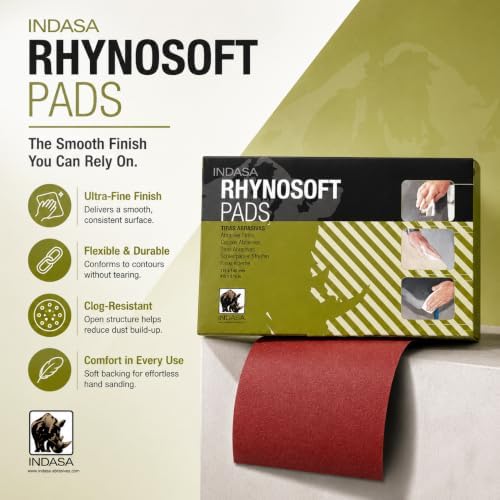 Indasa Rhynosoft Foam Sanding Pads - 4.5" x 5.5",Hook and Loop, 320 Grit, Plusline, Flexible, Tear-Resistant, Ideal for Automotive, Wood, & Finishing (Pack of 20 Pads)