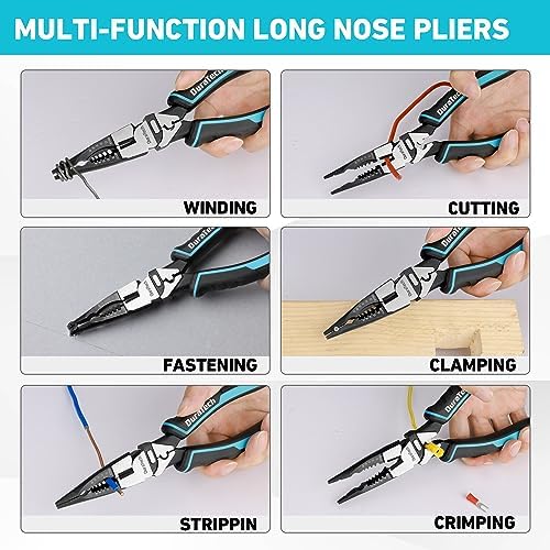DURATECH 6-in-1 Needle Nose Pliers, 8.5" Multipurpose Long Nose Pliers with Wire Stripper/Crimper/Cutter Function, Heavy Duty Multifunctional Electrician Pliers for Crimping, Stripping, Shearing
