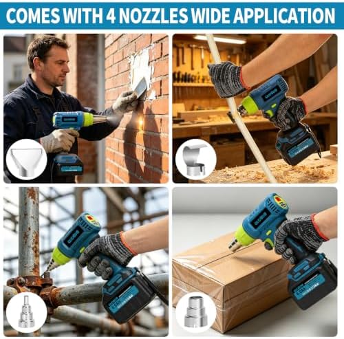 21V Cordless Heat Gun, Max 1004℉ Digital LCD Display Hot Air Gun with 2 x 6.0Ah Batteries and 4 Nozzles, Portable Heat Gun with LED Light, Pistola De Calor for Shrink Tubing, Vinyl Wrap, DIY