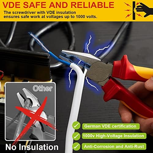 AKM 4-Piece 1000V VDE Insulated Tools Set - Pliers Set With Tongue & Groove, Diagonal Cutting, Long Nose, and Linesman Pliers