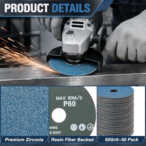 50 Pack Zirconia Resin Fiber Sanding Grinding Discs, 4.5" x 7/8” 60 Grit