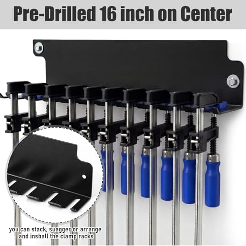 LEIFIDE 6 Pack F-Clamp Rack Black Help to Store Heavy Duty Clamps 16'' Long Stainless Steel Clamp Holder Pre-Drilled 16 inch on Center for Mounting to Wall Stud Workshop Organizer and Storage