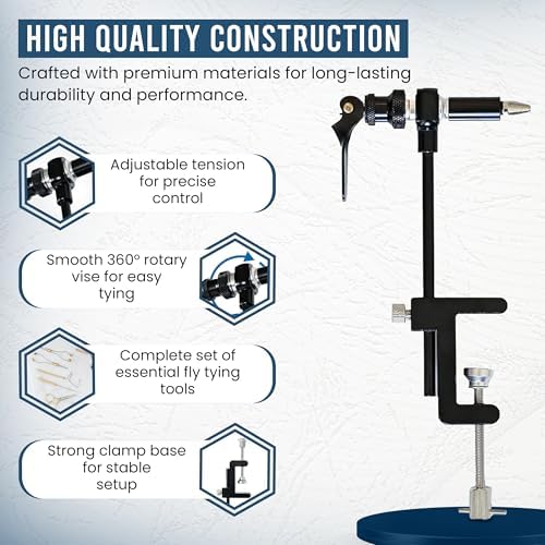 Rotary Fly Tying Vise for Beginners – 360° Sturdy Clamp Base Black Fly Vise/Complete Fly Fishing Tools Kit | Fly Tying Materials Kit | Fly Tying Kit Accessories for Fishing Enthusiasts