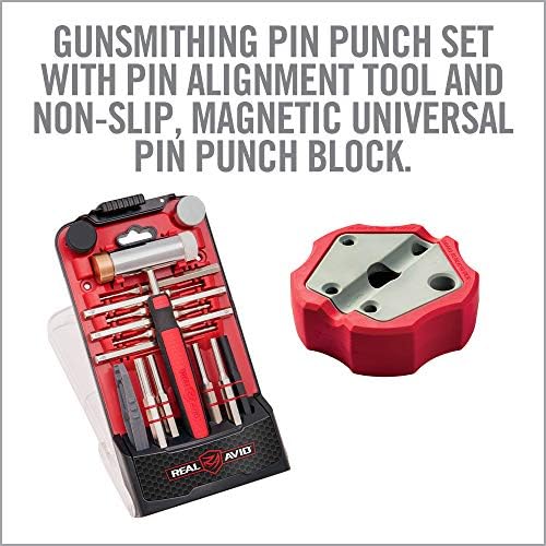 Real Avid Pin Punch Set & Hammer + Non-Slip Magnetic Bench Block | 10 Standard Nickel-Plated Steel Pin Punches, 4 Interchangeable Hammer Heads - Brass, Steel, Rubber, Nylon & Non-Marring Bench Block