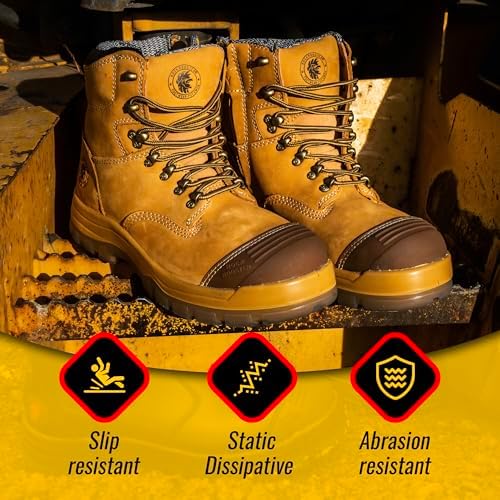 ROCKROOSTER Work Boots for Men,7 inch,Steel Toe,Side Zipper, Oiled Leather Shoes,Static Control,Breathable,Quick Dry(AK232Z-245Z)