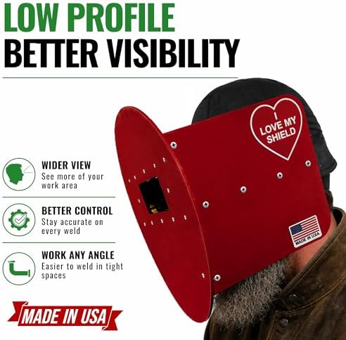 Red Pancake Welding Hood Right Handed, 2" x 4-1/4" Lens Welding Shield, ANSI Z87.1, Lightweight Low Profile