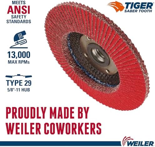 Weiler 50107 Saber Tooth 5/8"-11 Arbor, 4-1/2" Diameter, 80 Grit, Ceramic, Phenolic Backing, Angled Abrasive Flap Disc (Pack of 10)