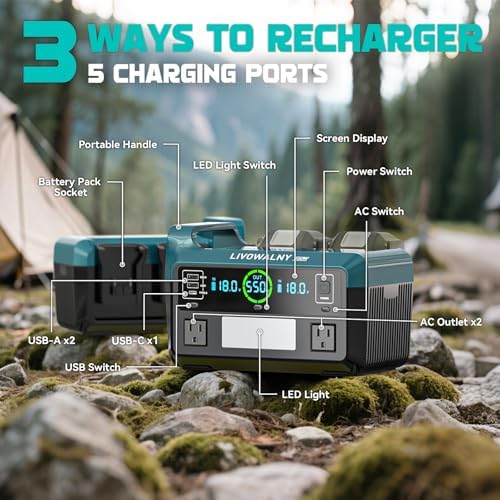 LIVOWALNY 550W Power Inverter Compatible with Makita 18V Battery, DC 18V to AC 110-120V Pure Sine Wave Power Station with 2 AC Outlets, 2 USB-A & 1 Type-C, for Camping Power Outage (Tool Only)
