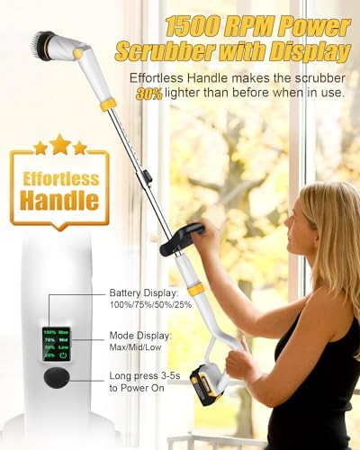 Qimedo Q2 Pro Electric Spin Scrubber, 1500 RPM High Power Cordless Shower Cleaner with Display & Effortless Handle, 16 Replacement Brush Heads Compatible with Qimedo, Leebein, Keimi, Alloyman, YKYI