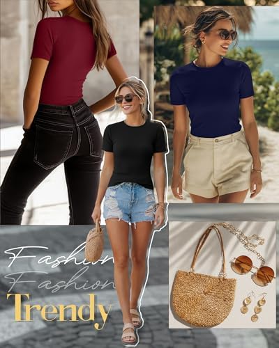 Ficerd 3 Pack Women's Ribbed Short Sleeve T-Shirts